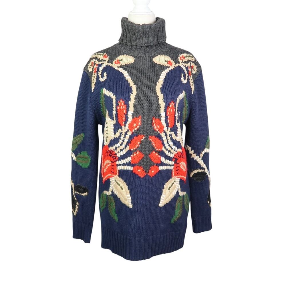 Vintage Navy Blue Red Olive Green Floral Wool Blend Turtleneck Sweater